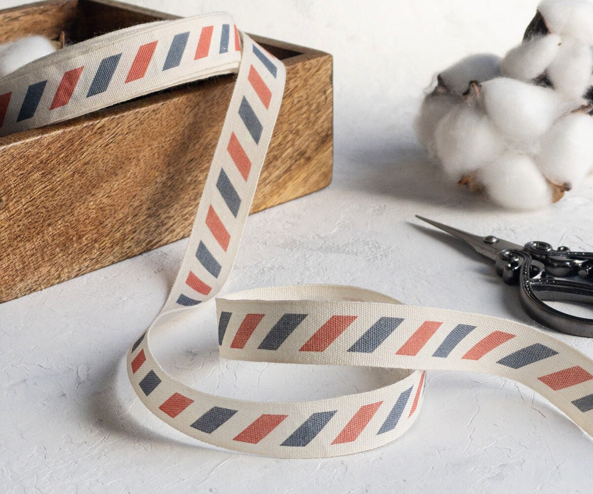 Airmail Stripe Cotton Ribbon - 5/8” (15 mm) Red & Blue Mail-Style Printed Natural Cotton Tape for Wrapping, Cards and Crafts