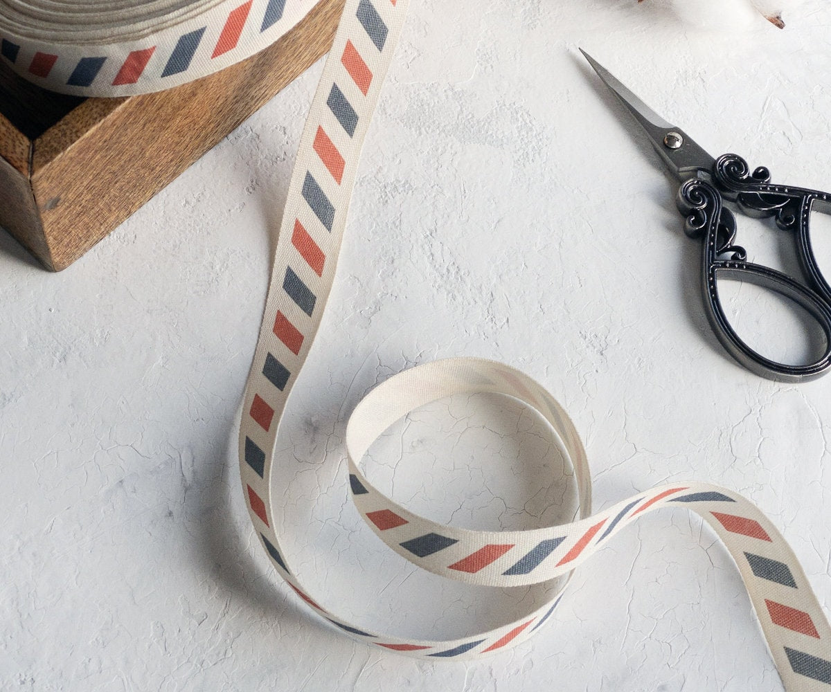 Airmail Stripe Cotton Ribbon - 5/8” (15 mm) Red & Blue Mail-Style Printed Natural Cotton Tape for Wrapping, Cards and Crafts