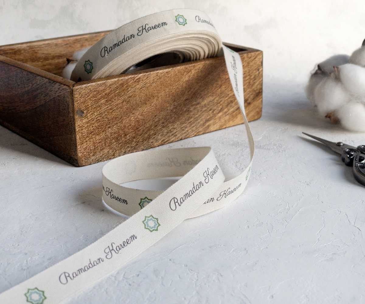 Ramadan Kareem Printed Cotton Ribbon - 5/8” (15 mm) Islamic Gift Wrapping Tape, Ramadan Decor Ribbon, Eid Favor Packaging