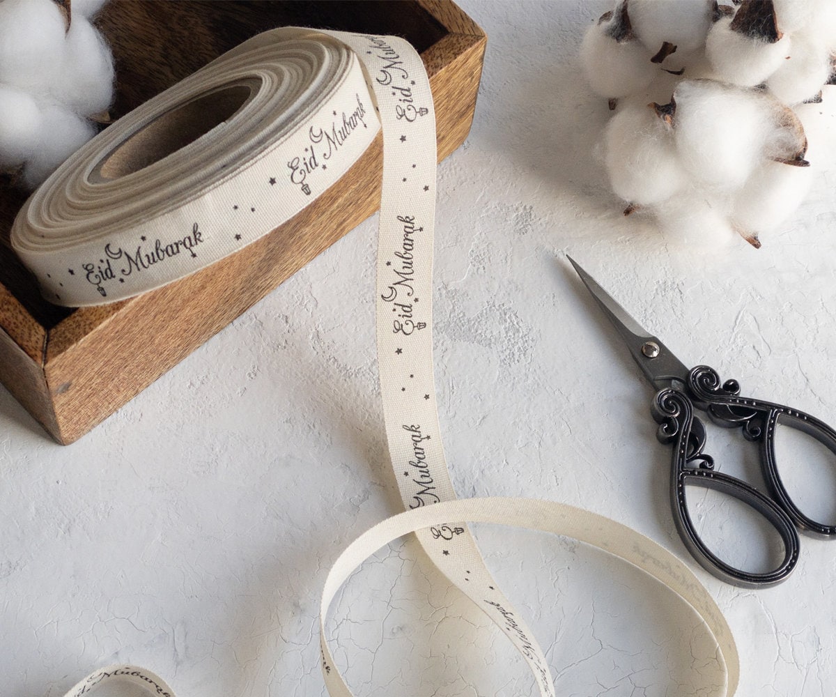 Eid Mubarak Printed Cotton Ribbon - 5/8” (15 mm) Ramadan & Eid Gift Wrapping Tape, Islamic Party Favors, Muslim Holiday Decor