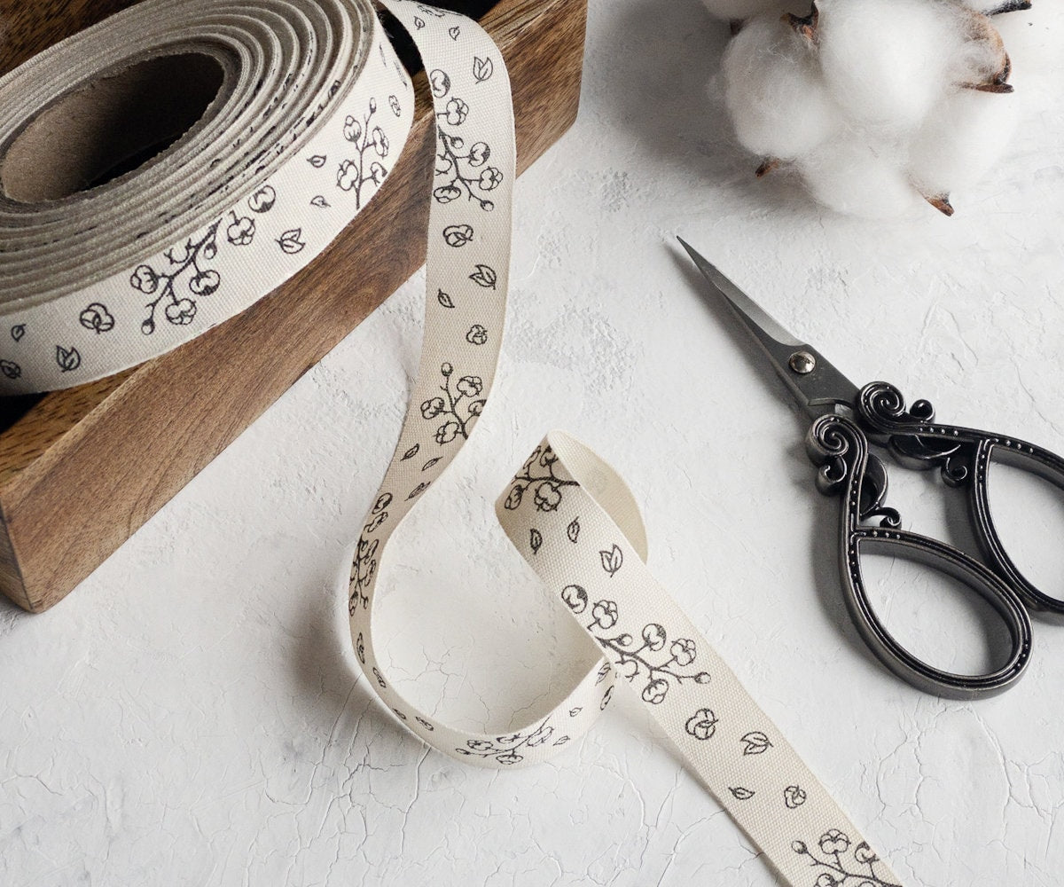 Cotton Plant Printed Ribbon - 5/8” (15 mm) Natural Cotton Label for Organic Textile Packaging, Sewing Projects & Baby Essentials