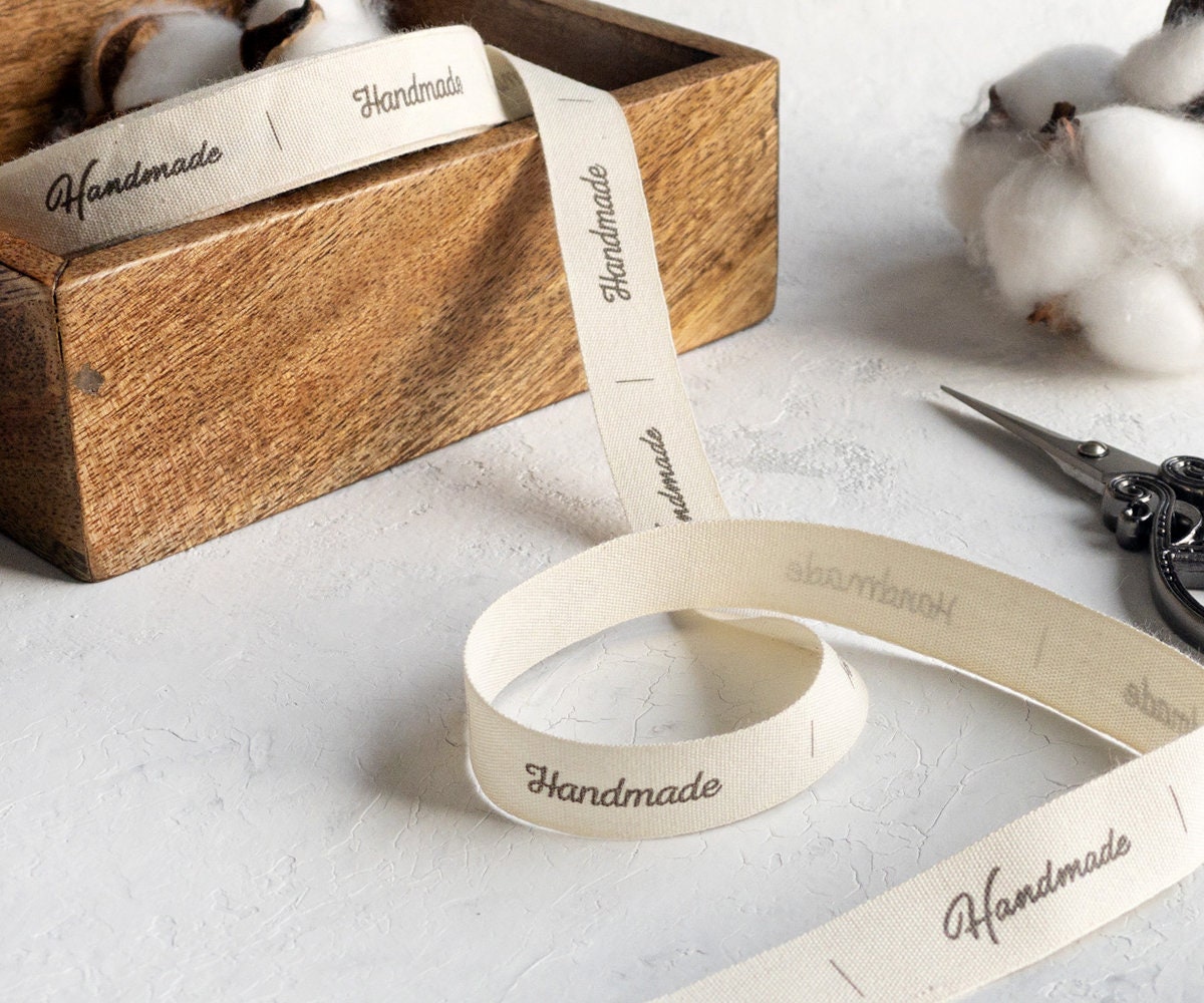 Handmade Printed Cotton Ribbon - 5/8” (15 mm) Natural Wrapping Tape for Sewing Crafts, Bakery Gifts & Boutique Packaging