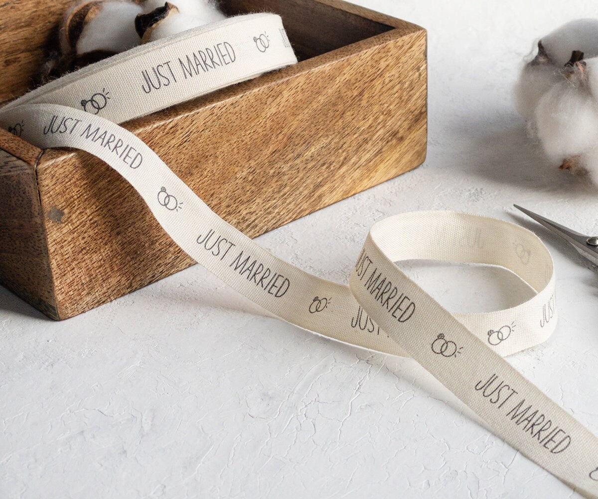 Just Married Cotton Ribbon - 5/8” (15 mm) Wedding Favor Wrap Tape, Natural Ring Print Label Strip for Gifts & Bridal Packaging