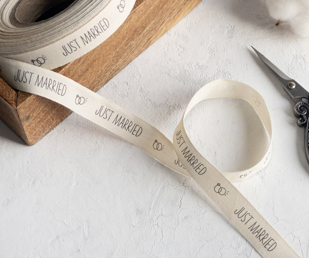 Just Married Cotton Ribbon - 5/8” (15 mm) Wedding Favor Wrap Tape, Natural Ring Print Label Strip for Gifts & Bridal Packaging
