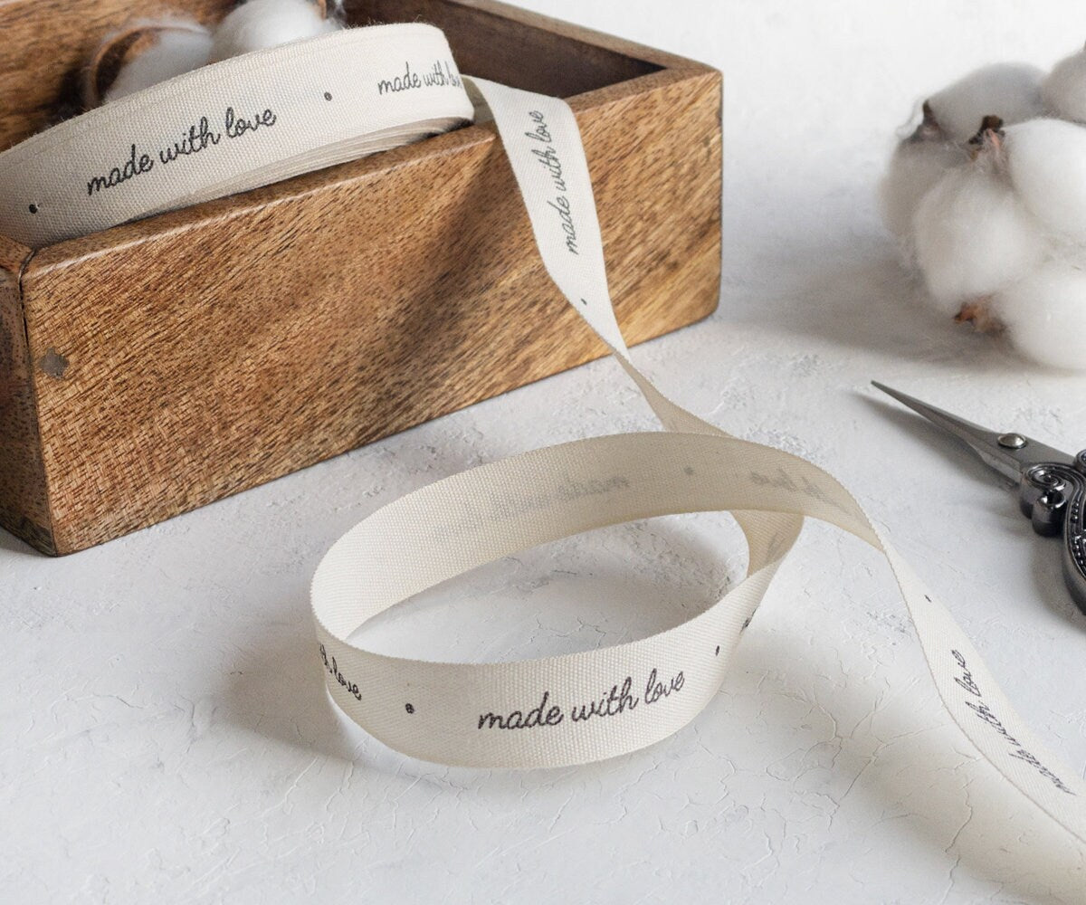 Made With Love Ribbon - 5/8” (15 mm), 10 yards (9 m) Cotton Tape for Handmade Gifts, DIY Sewing, Craft Projects, Small Business Packaging