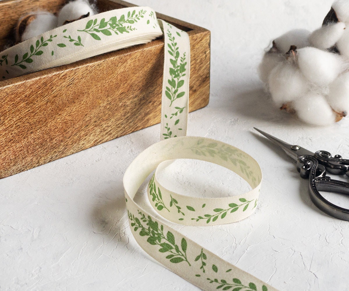 Green Leaves Printed Cotton Ribbon - 5/8” (15 mm) Botanical Gift Wrap Tape, Natural Foliage Strip for Eco Packaging & Crafts