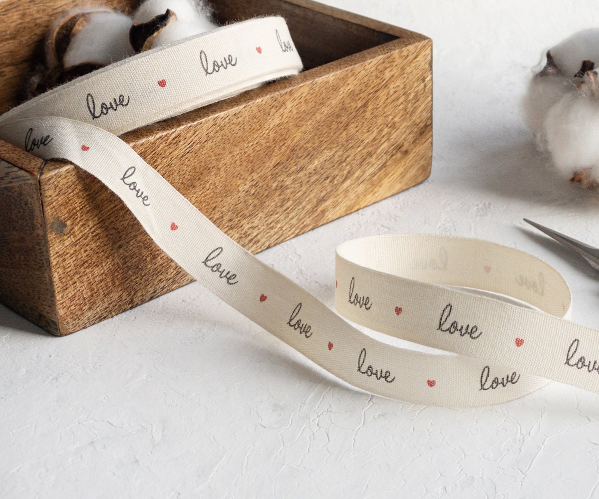 Love & Hearts Cotton Ribbon - 5/8” (15 mm), 10 yards (9 m) Romantic Gift Wrap Tape, Valentine’s Day, Wedding Favors, Anniversary Gifts