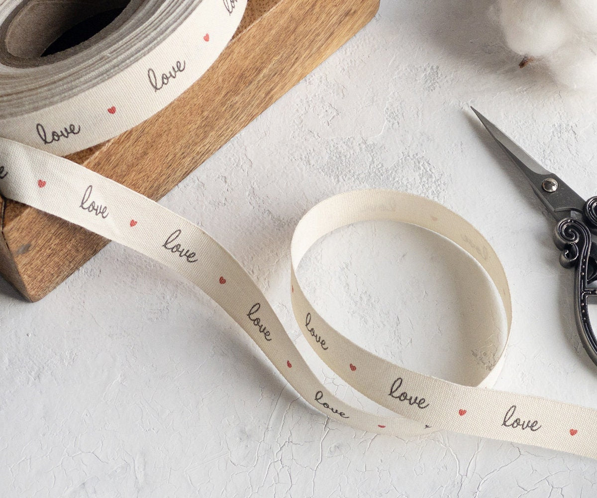 Love & Hearts Cotton Ribbon - 5/8” (15 mm), 10 yards (9 m) Romantic Gift Wrap Tape, Valentine’s Day, Wedding Favors, Anniversary Gifts