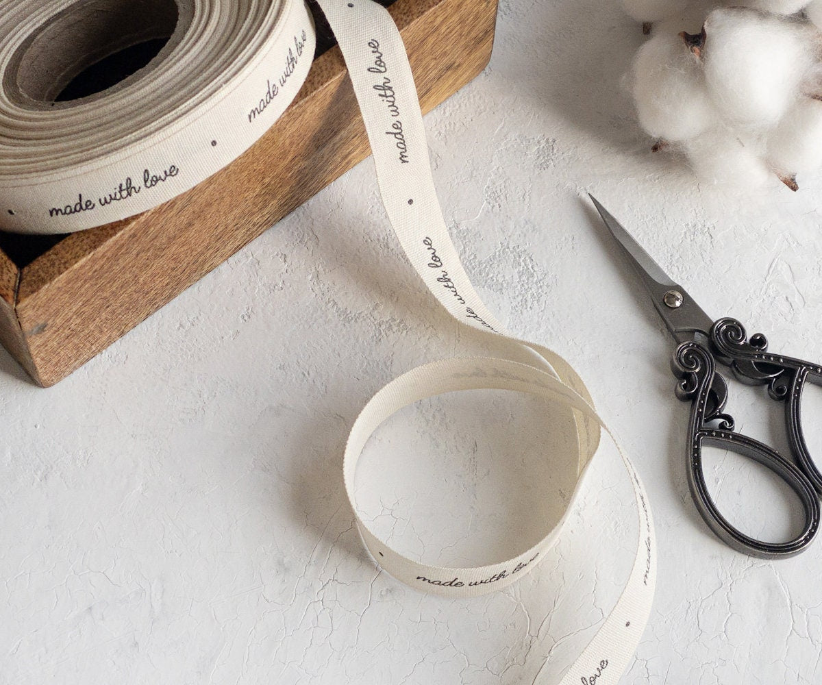 Made With Love Printed Cotton Ribbon - 5/8” (15 mm) Handmade Gift Wrapping Tape, DIY Craft Ribbon, Artisan Product Decor