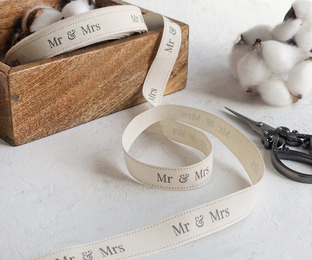 Mr & Mrs Printed Cotton Ribbon - 5/8” (15 mm) Wedding Gift Wrap Tape, Engagement Decor Strip, Anniversary Label Ribbon