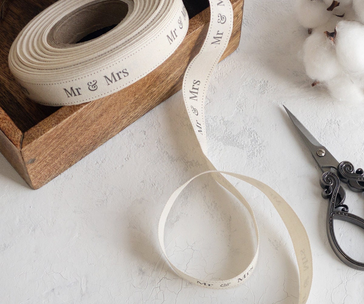 Mr & Mrs Printed Cotton Ribbon - 5/8” (15 mm) Wedding Gift Wrap Tape, Engagement Decor Strip, Anniversary Label Ribbon