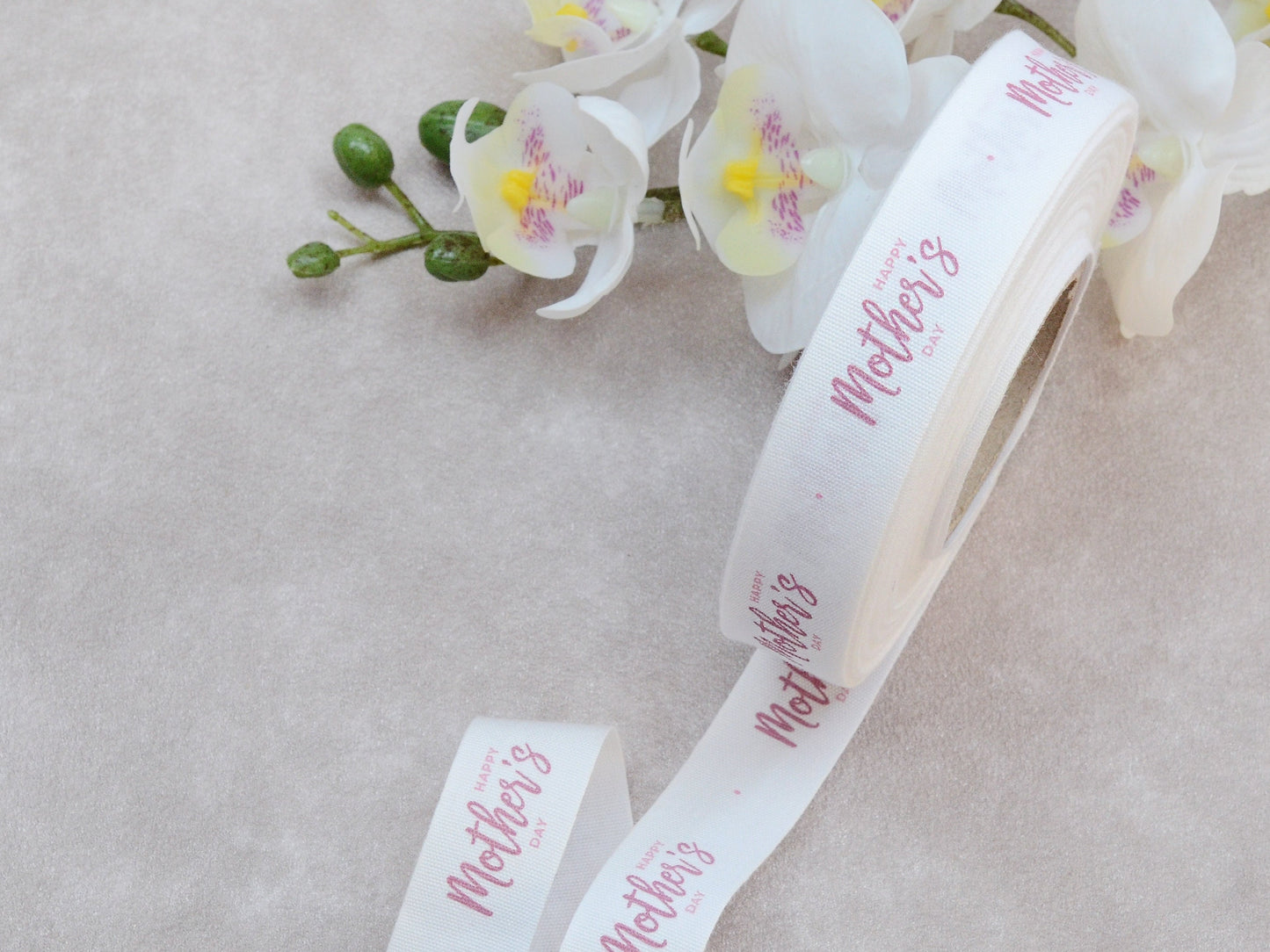Happy Mother's Day Cotton Ribbon - 10 Yards - 3/4” (20 mm) White Printed Natural Cotton Tape for Mom Gift Wrapping & Handmade Packaging
