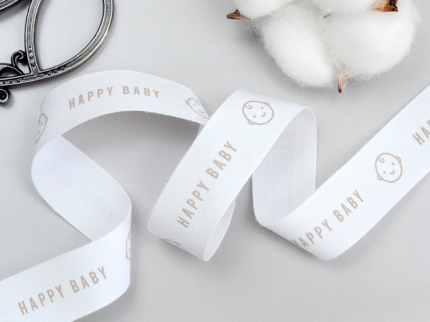 Happy Baby Cotton Ribbon - 3/4” (20 mm), 10 yards (9 m) White Printed Natural Cotton Tape for Baby Shower, Newborn Gifts & Organic Textiles