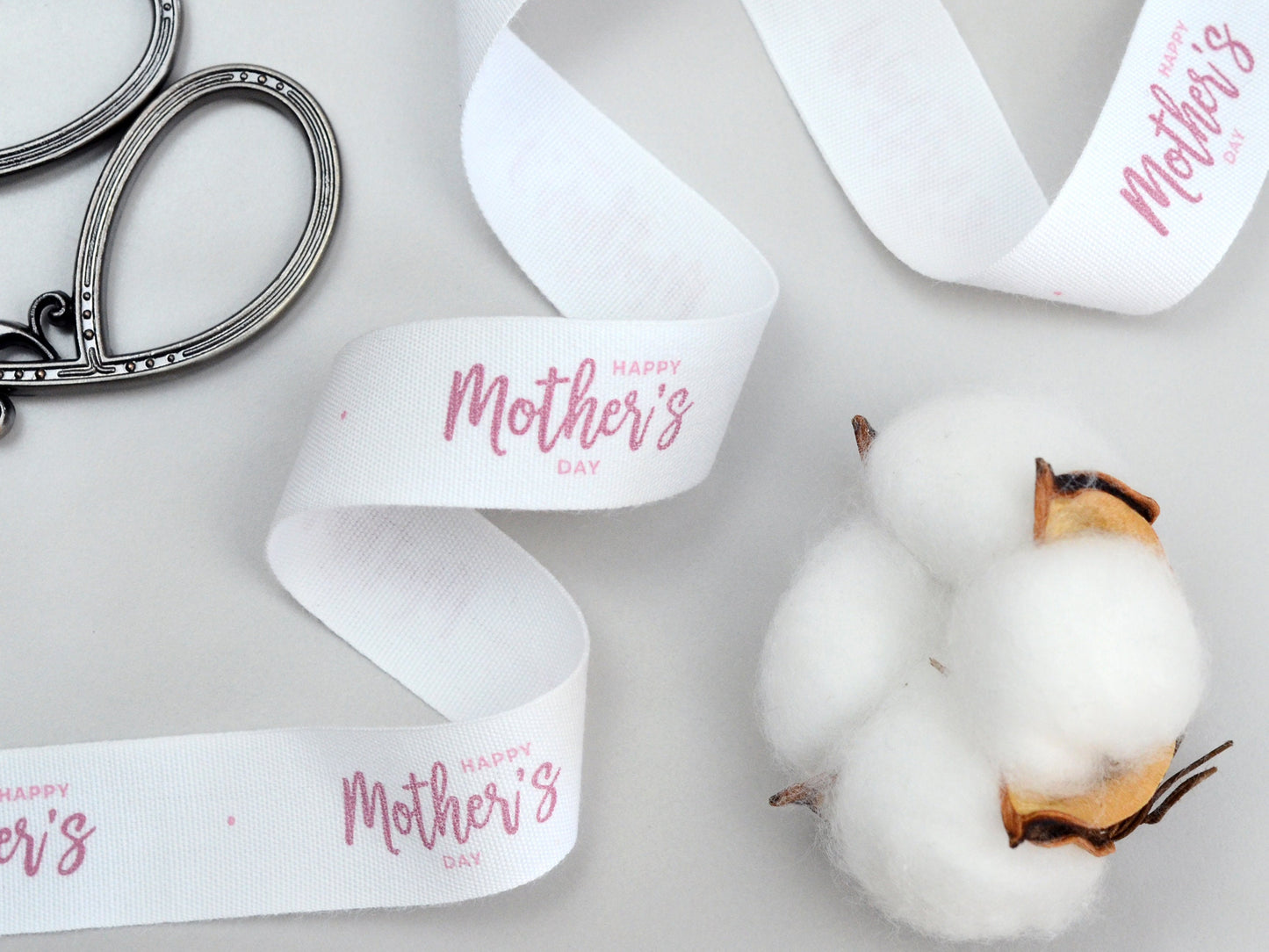 Happy Mother's Day Cotton Ribbon - 10 Yards - 3/4” (20 mm) White Printed Natural Cotton Tape for Mom Gift Wrapping & Handmade Packaging