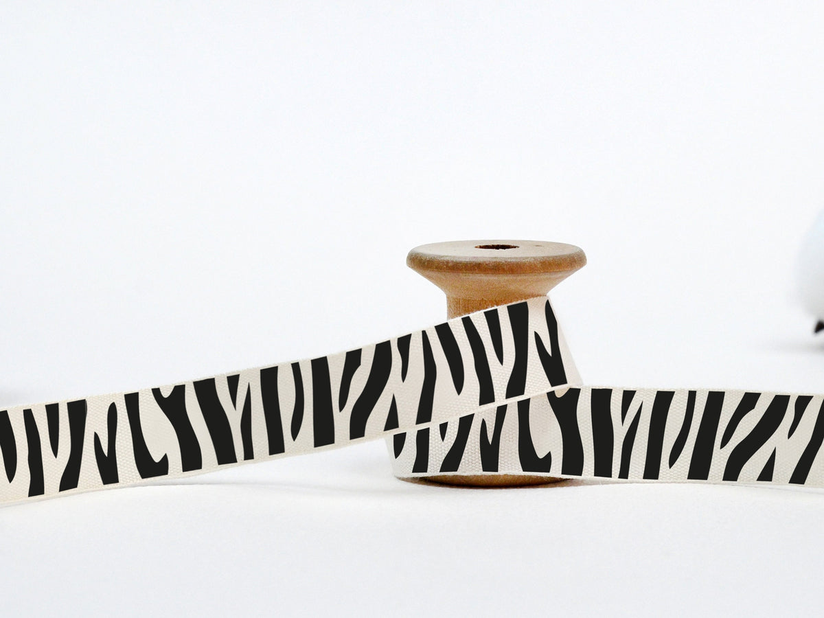 Zebra Print Ribbon - 5/8” (15 mm), 10 yards (9 m) Cotton Tape for Fashion Projects, Animal-Themed Crafts, Bold Packaging, Statement Decor