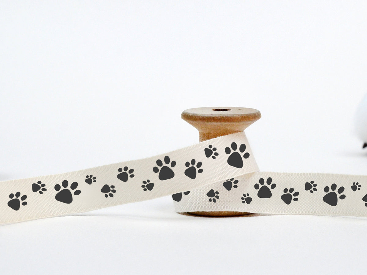 Paw Print Ribbon - 5/8” (15 mm), 10 yards (9 m) Cotton Tape for Pet Gifts, Animal Lover Wrap, Pet Shop Packaging, Paw Labels