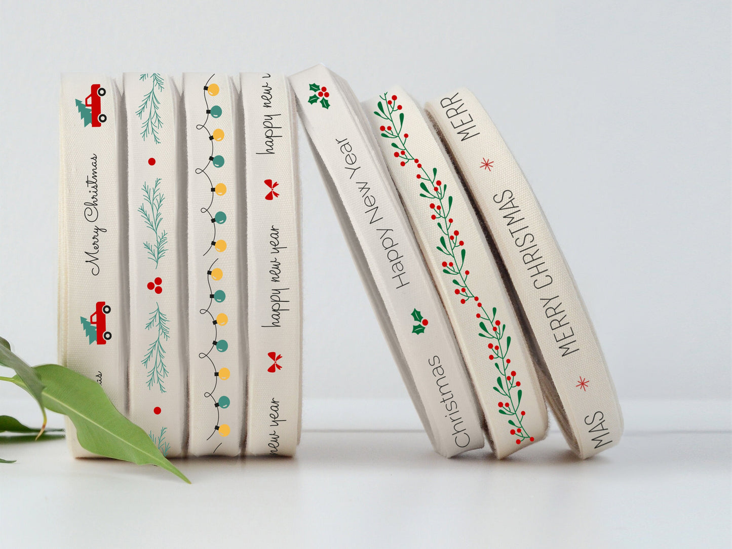 Red Bow Ribbon, Happy New Year and Red Bow Printed Cotton Tape - 5/8” (15 mm) 100% Cotton Wrapping Strip for New Year Gifts and Noel Favors