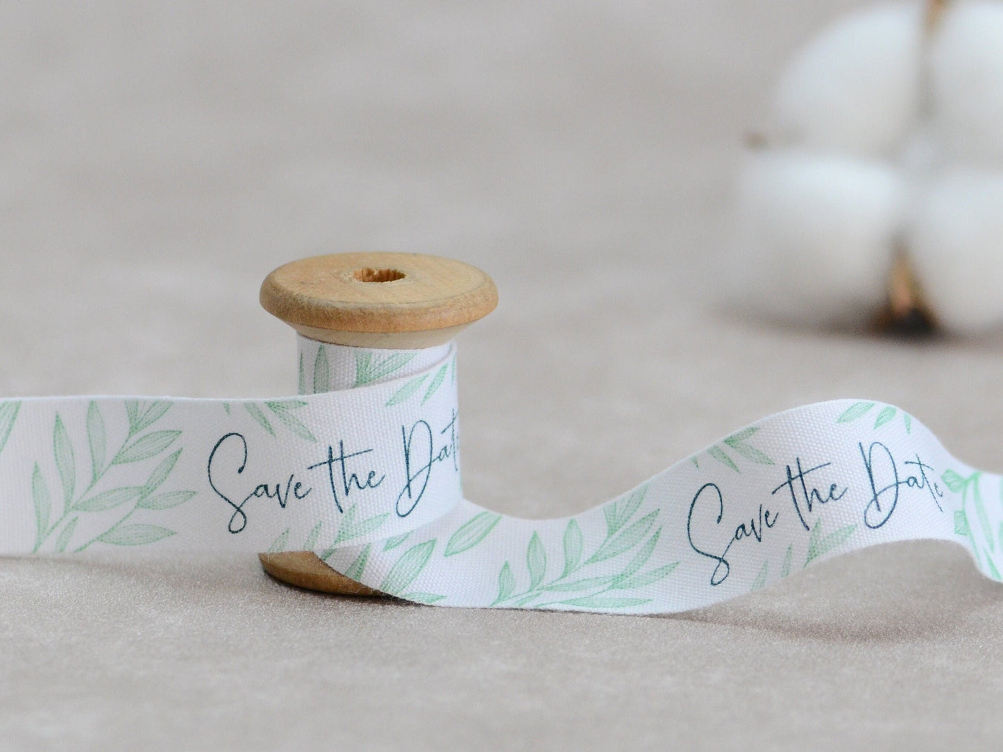 Save the Date Cotton Ribbon - 3/4” (20 mm), 10 yards (9 m) White Wedding Announcement Ribbon with Green Leaves for Rustic Invitations