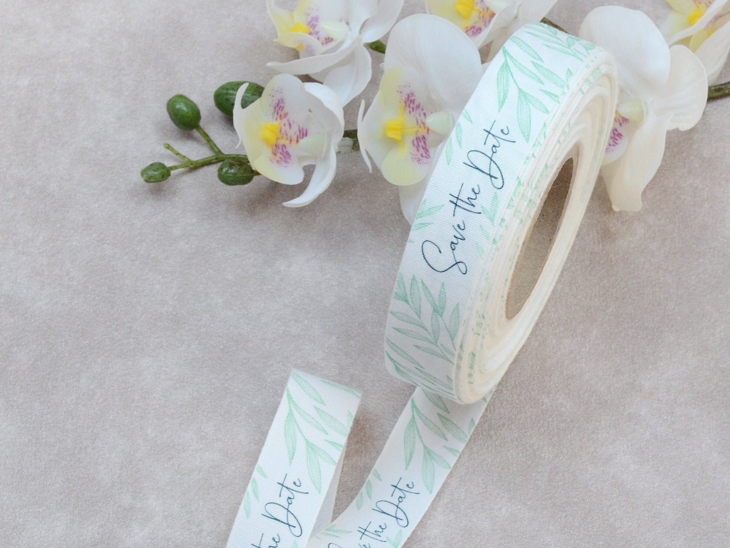 Save the Date Cotton Ribbon - 3/4” (20 mm), 10 yards (9 m) White Wedding Announcement Ribbon with Green Leaves for Rustic Invitations
