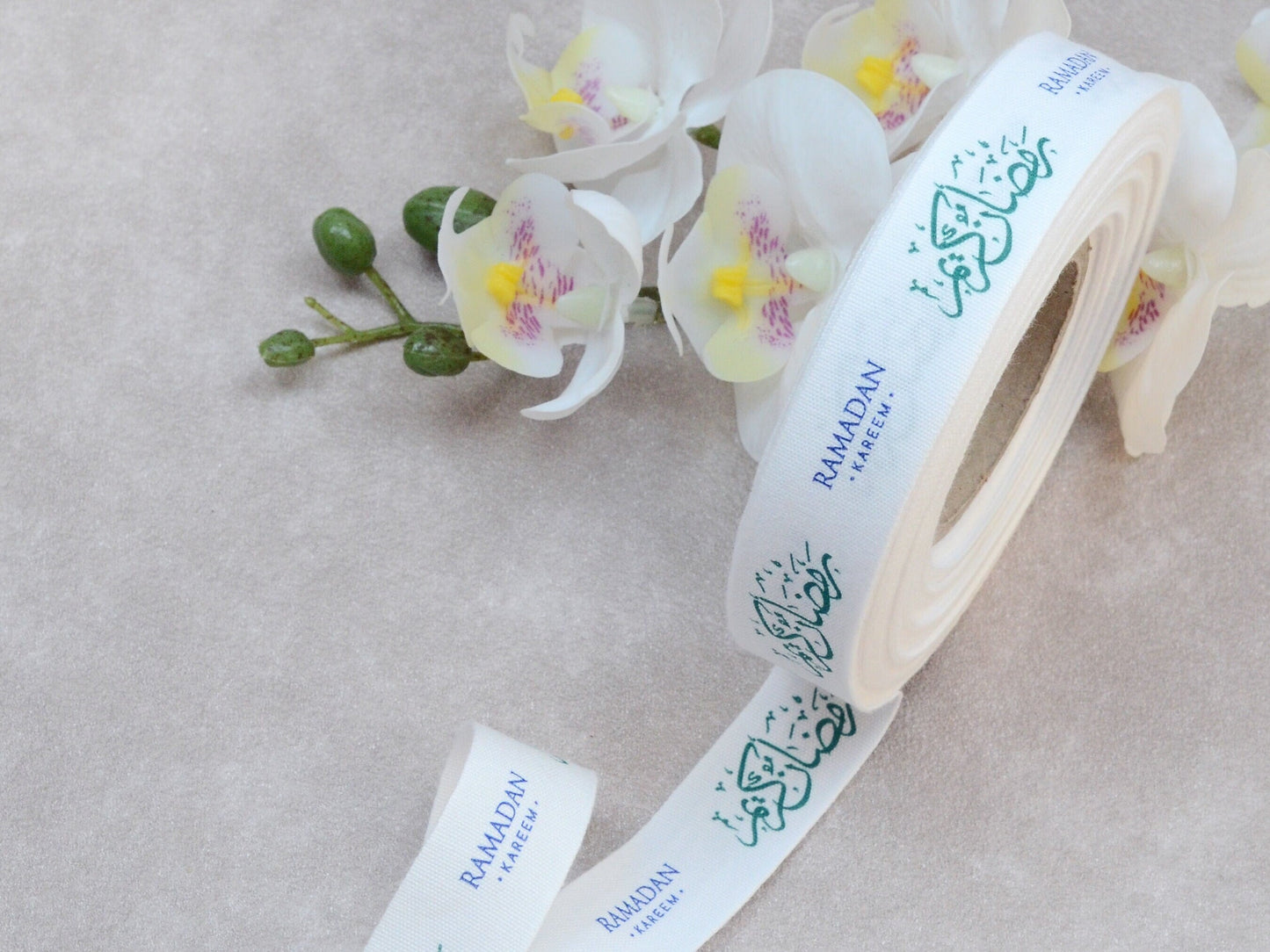 Ramadan Kareem Cotton Ribbon - 3/4” (20 mm), 10 yards (9 m) White Islamic Festive Tape for Eid Gift Wrapping, Holiday Crafts