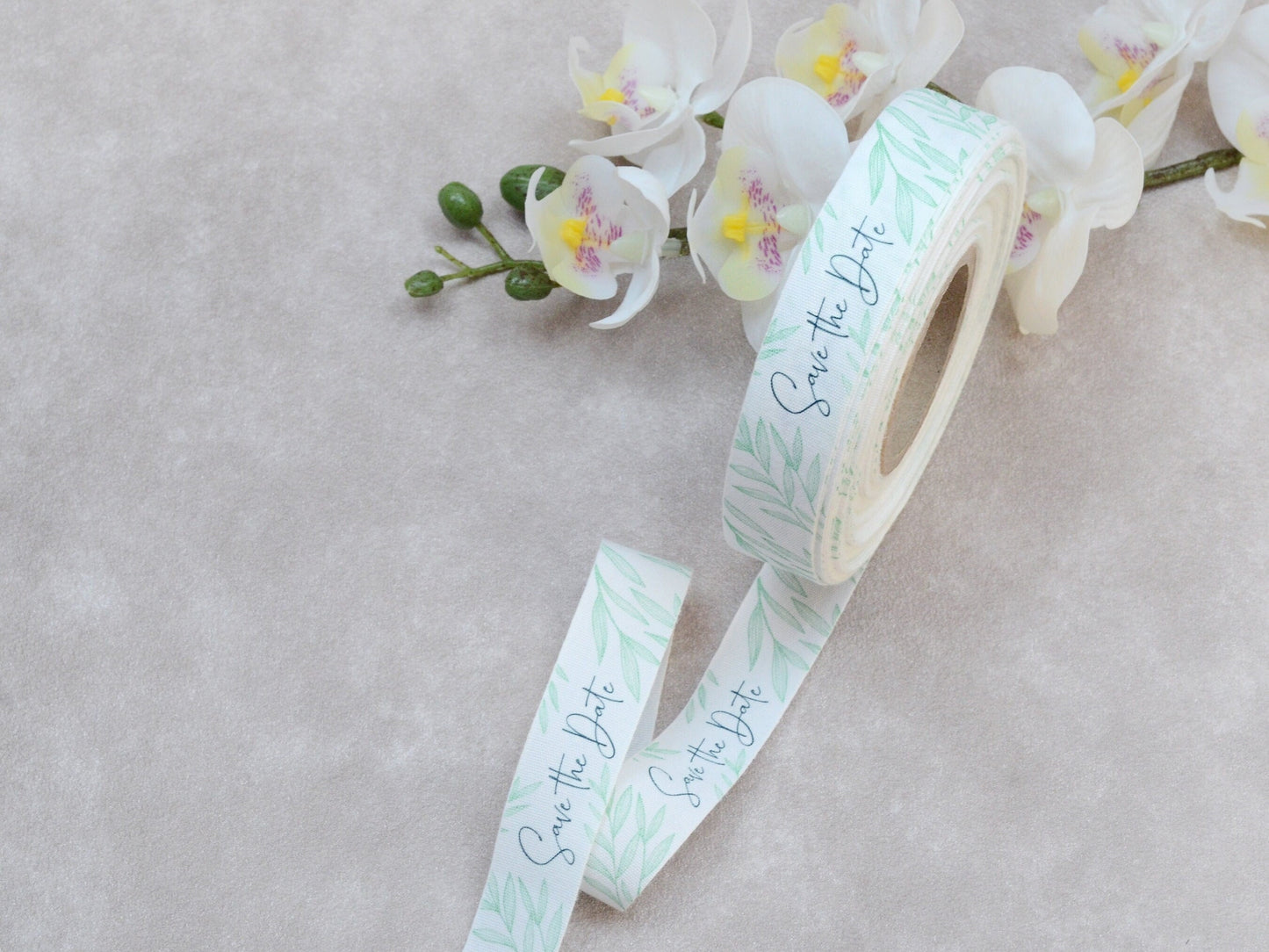 Save the Date Cotton Ribbon - 3/4” (20 mm), 10 yards (9 m) White Wedding Announcement Ribbon with Green Leaves for Rustic Invitations