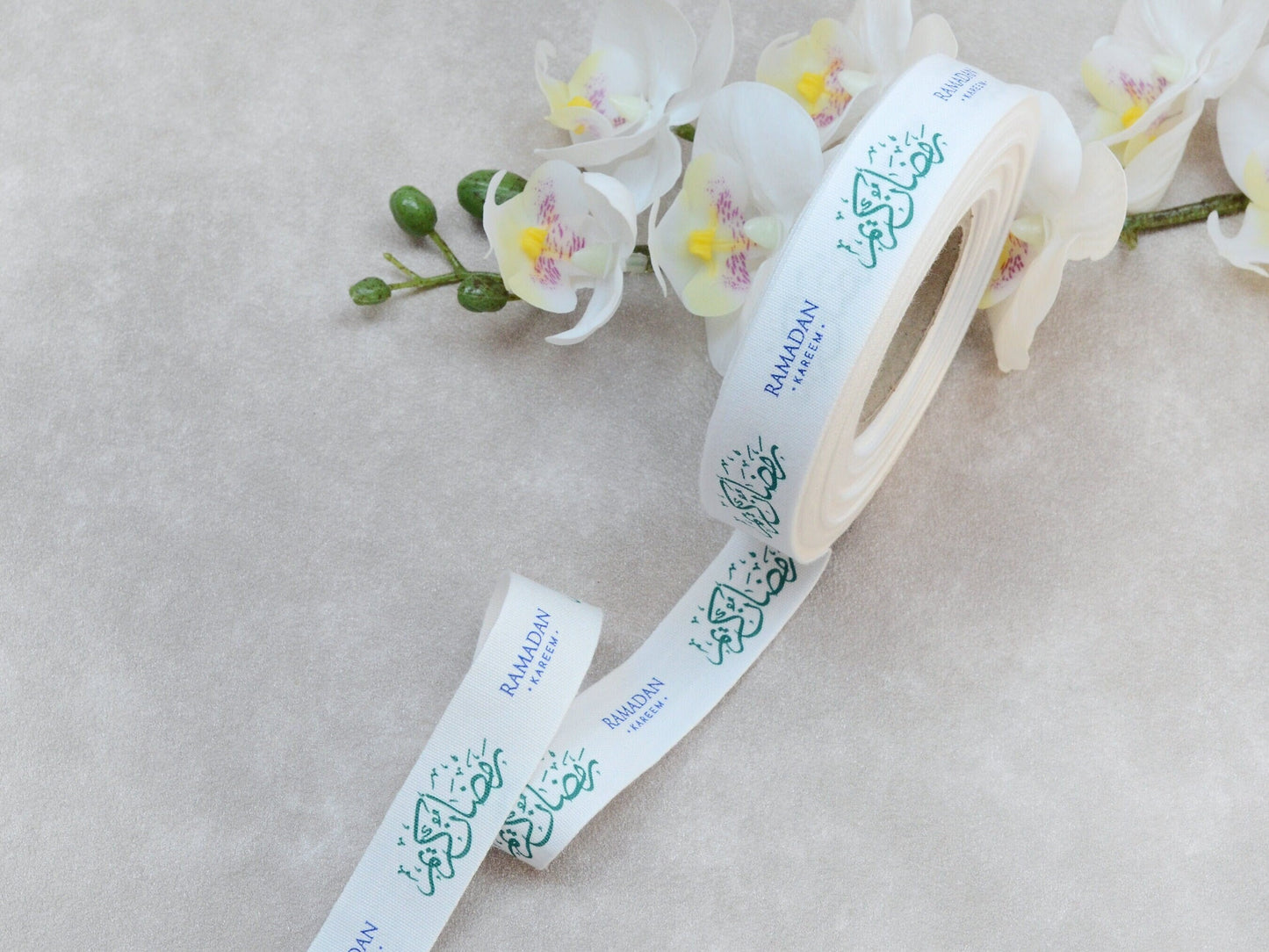 Ramadan Kareem Cotton Ribbon - 3/4” (20 mm), 10 yards (9 m) White Islamic Festive Tape for Eid Gift Wrapping, Holiday Crafts