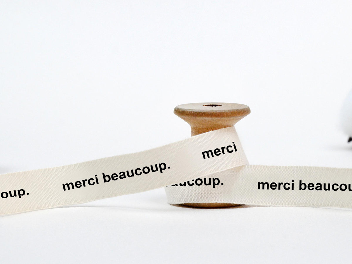 Merci Beaucoup Ribbon - 5/8” (15 mm), 10 yards (9 m) French Cotton Tape for Thank You Gifts, Elegant Wrapping, Party Favors, Personal Touch
