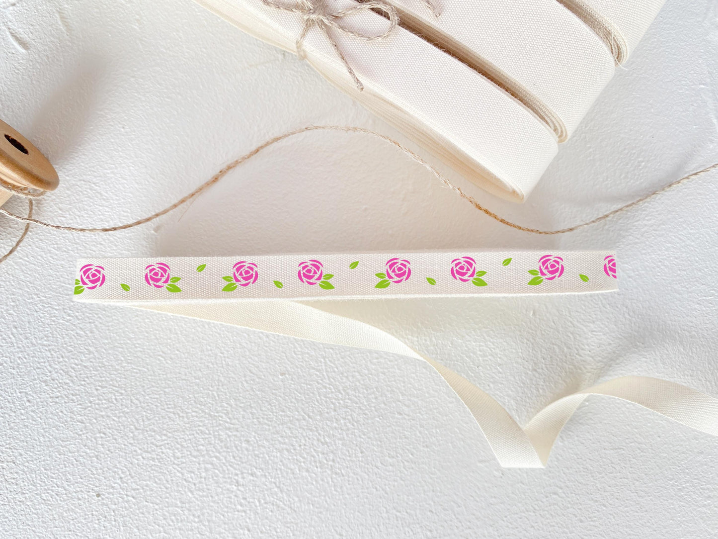 Pink Rose Cotton Ribbon - 3/8" (10 mm), 10 yards (9 m) Floral Woven Tape for Romantic & Garden-Themed Crafts