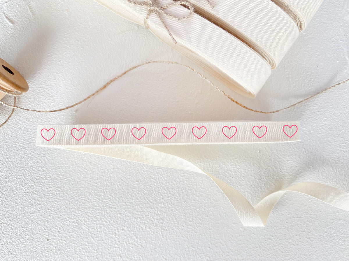 Pink Outline Heart Cotton Ribbon - 3/8" (10 mm), 10 yards (9 m) Romantic Twill Tape for Weddings, Valentine's Gifts & Handmade Packaging