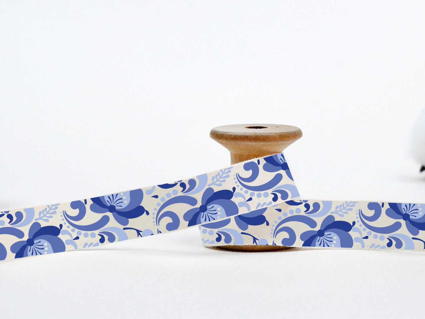 Blue Porcelain Swirl Cotton Ribbon - 5/8” (15 mm), 10 yards (9 m) Flowery Tape in Blue & White for Artistic Wrapping, Gifts, Packaging