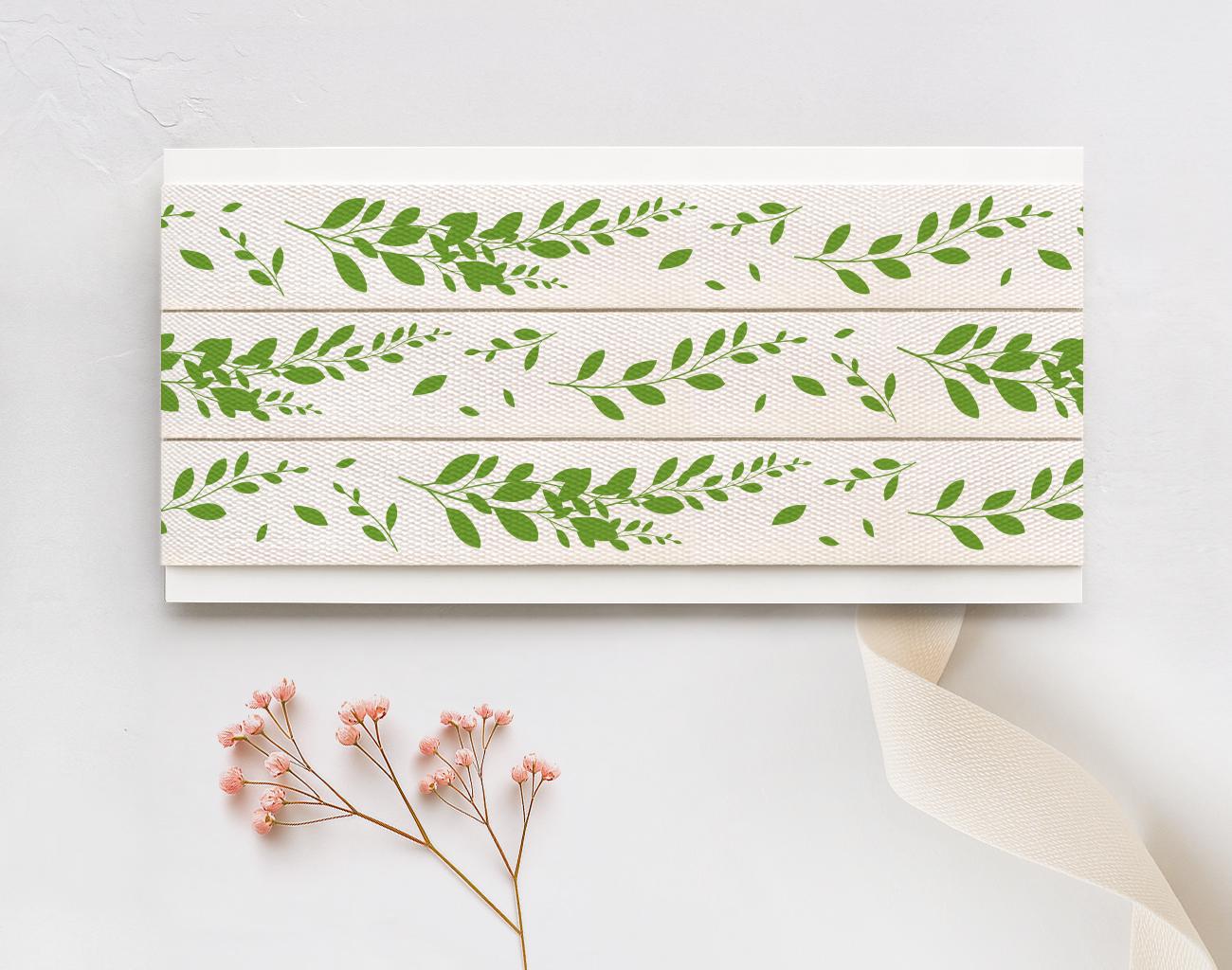 Green Leaves Printed Cotton Ribbon - 5/8” (15 mm) Botanical Gift Wrap Tape, Natural Foliage Strip for Eco Packaging & Crafts
