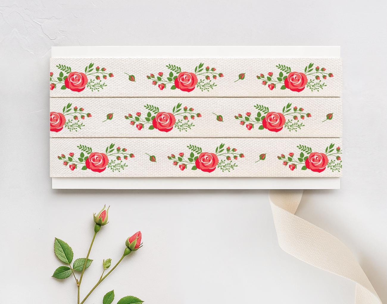 Red Rose Cotton Ribbon - 5/8” (15 mm), 10 yards (9 m) Romantic Floral Tape for Wedding, Gift Wrapping, Valentine’s Day, Anniversary Gifts