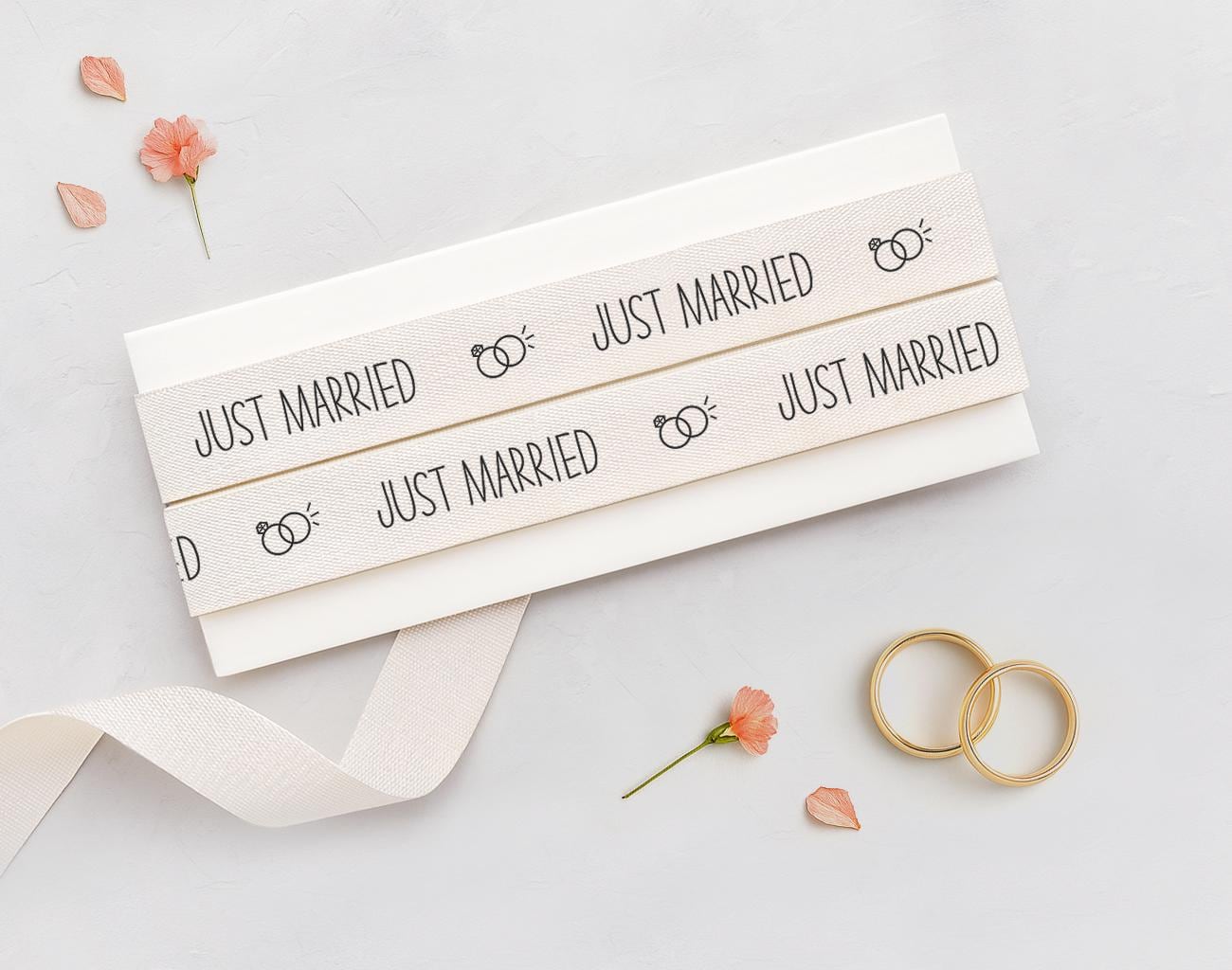 Just Married Cotton Ribbon - 5/8” (15 mm) Wedding Favor Wrap Tape, Natural Ring Print Label Strip for Gifts & Bridal Packaging