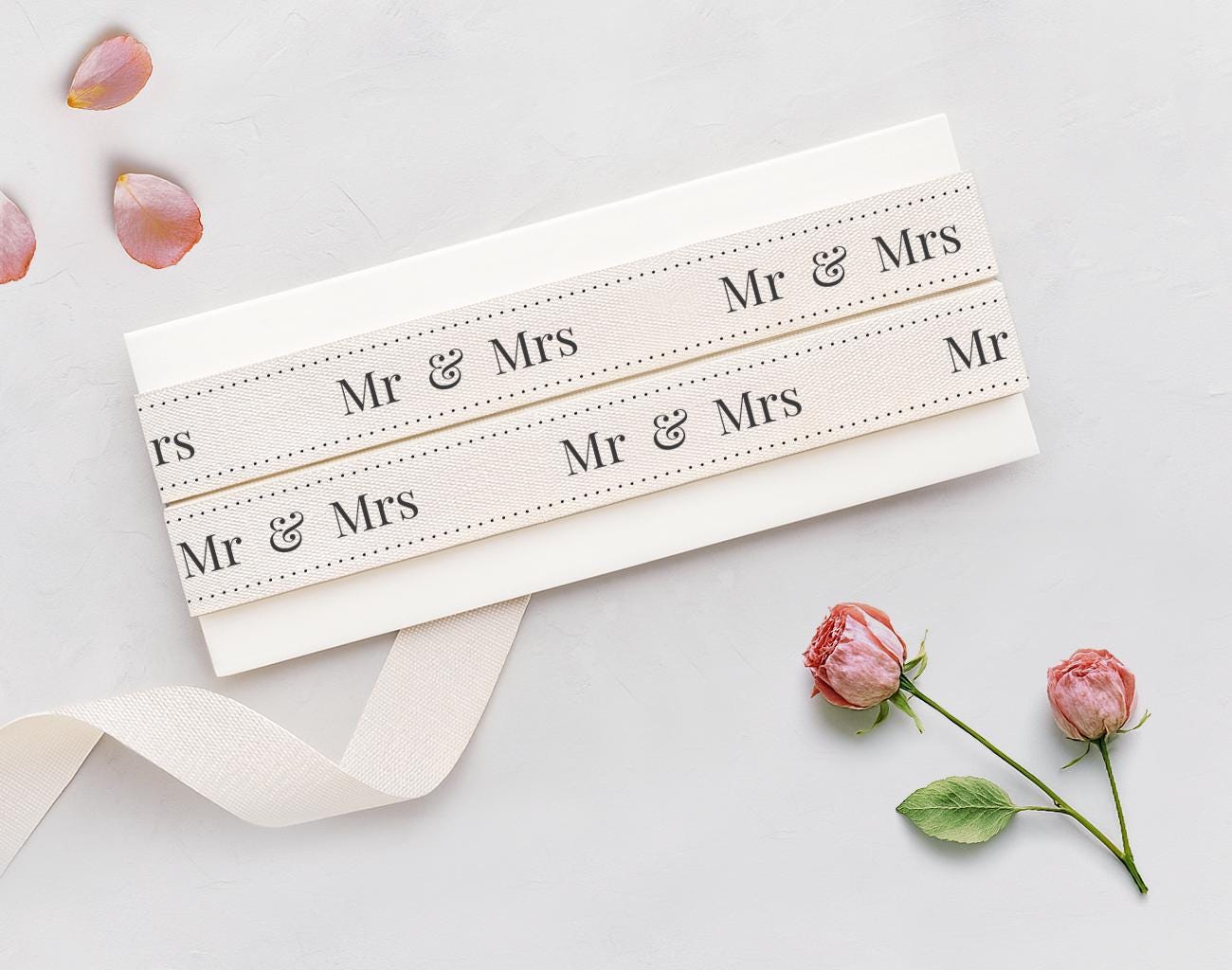 Mr & Mrs Printed Cotton Ribbon - 5/8” (15 mm) Wedding Gift Wrap Tape, Engagement Decor Strip, Anniversary Label Ribbon