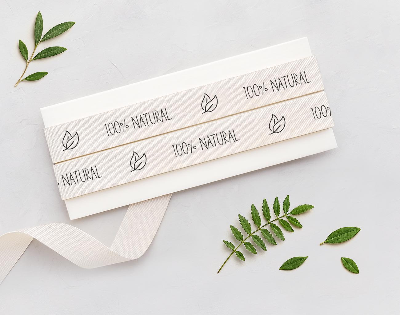 100% Natural Printed Cotton Ribbon - 5/8” (15 mm) Eco-Friendly Packaging Tape, Organic Product Label, Sustainable Gift Wrap Strip