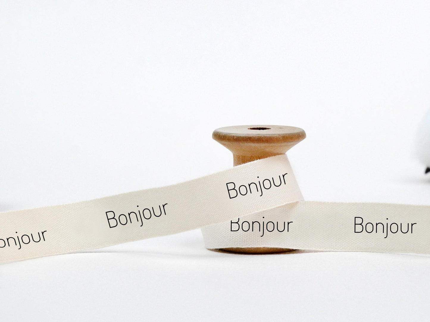 Bonjour Printed Cotton Ribbon - 5/8” (15 mm) French Cotton Wrapping Tape for Paris Theme Gifts, Party Favors, Elegant Gift Decor