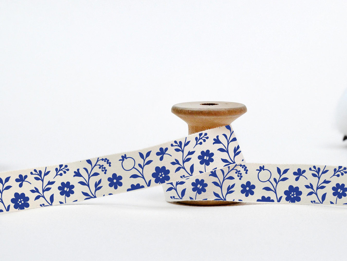 Blue China Floral Cotton Ribbon - 5/8” (15 mm), 10 yards (9 m) Porcelain-Inspired Navy Tape with Pomegranate, Vines, Elegant Wrapping, Gifts