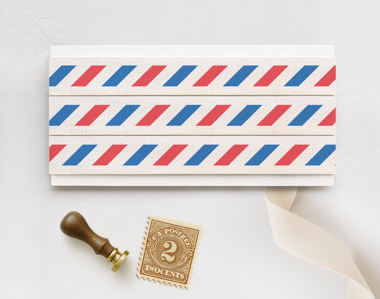 Airmail Stripe Cotton Ribbon - 5/8” (15 mm) Red & Blue Mail-Style Printed Natural Cotton Tape for Wrapping, Cards and Crafts
