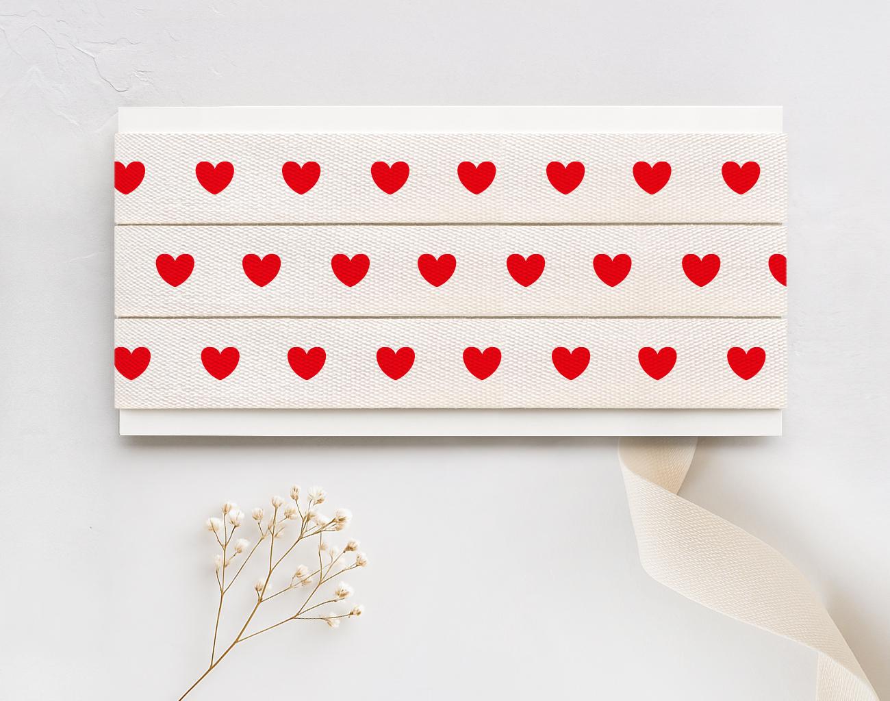 Red Heart Printed Cotton Ribbon - 5/8” (15 mm) Romantic Gift Wrap Tape, Love Theme Decor Strip, Heart Label for Weddings & Crafts