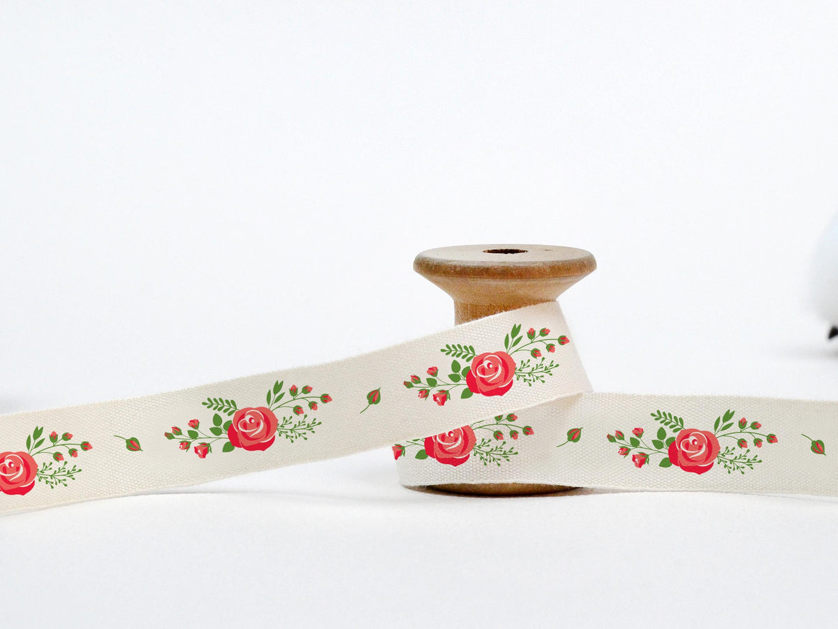 Red Rose Cotton Ribbon - 5/8” (15 mm), 10 Yards (9 m) Romantic Floral Tape for Wedding, Gift Wrapping, Valentine’s Day