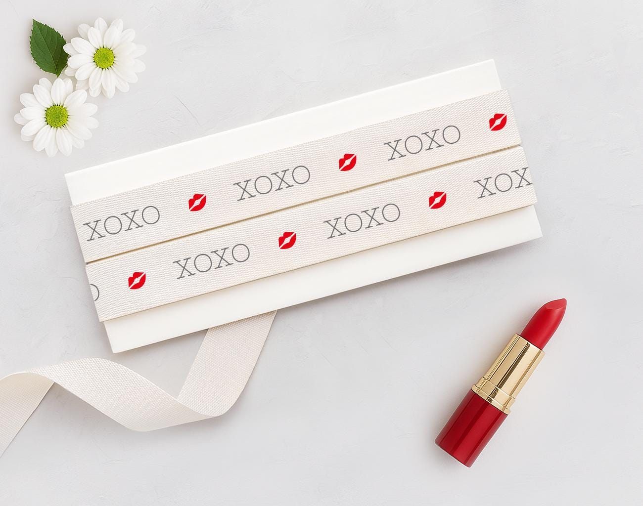 XOXO & Kiss Printed Cotton Ribbon - 5/8” (15 mm) Valentine’s Day Gift Wrap Tape, Romantic Decor Ribbon, Love Theme Packaging