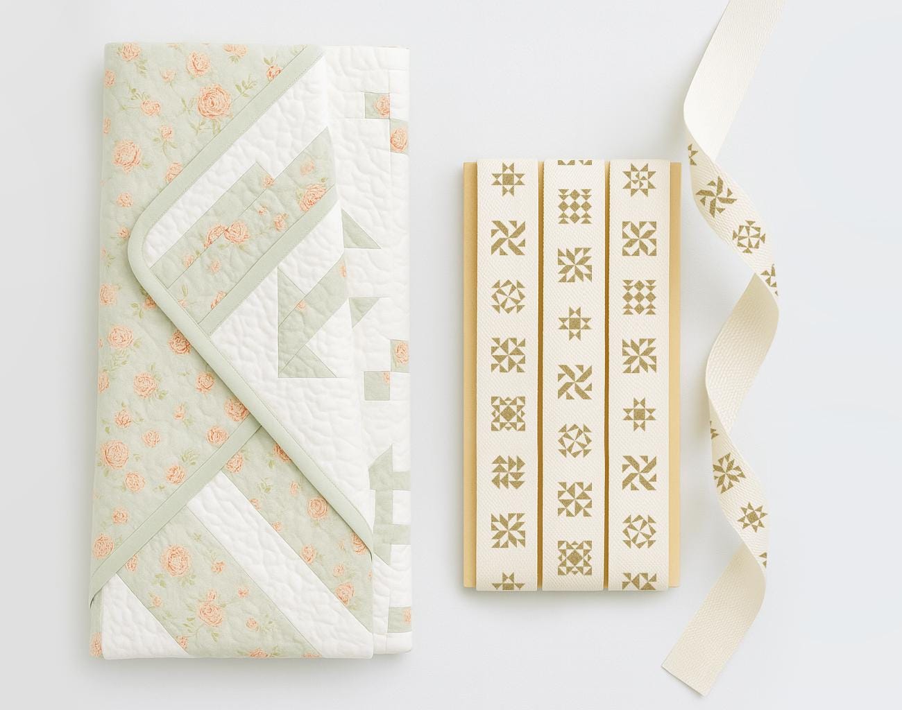 Quilt Blocks Ribbon – 3/4” (20 mm) Natural Cotton with Mat Gold Printed Block & Square Pattern for Handmade and Boutique Quilt Wrapping