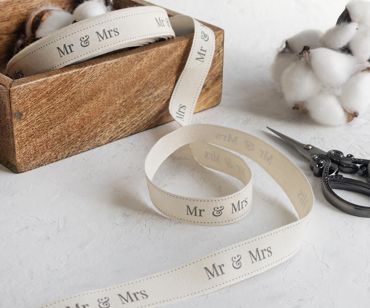 Mr & Mrs Printed Ribbon - 20 Yards, 5/8” (15 mm), 100% Natural Cotton Ribbon, Natural Tape for Wedding Gifts and Favors, Printed Fabric Wrapping Ribbon