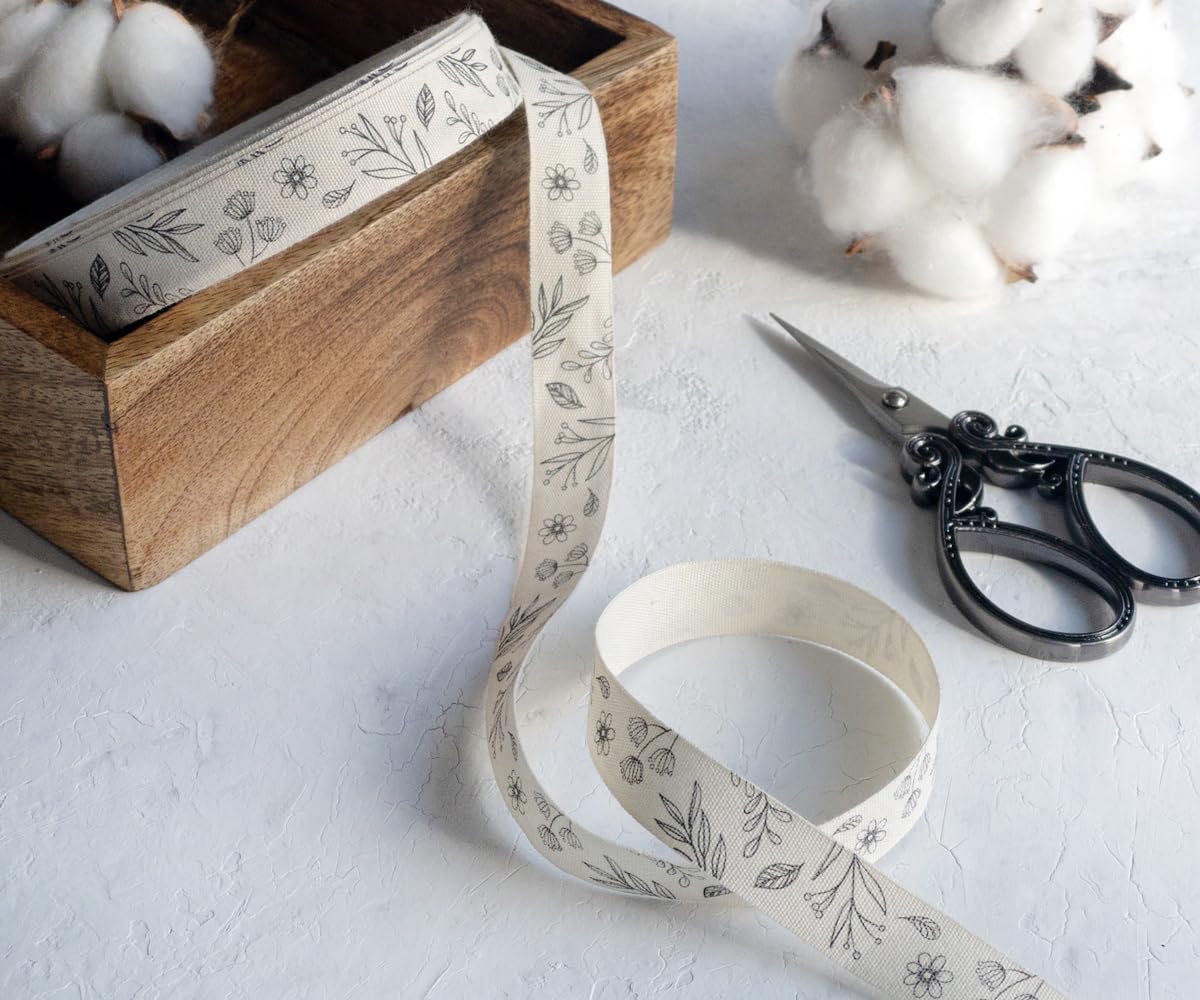 Floral Printed Ribbon - 20 Yards, 5/8” (15 mm), 100% Cotton Wrapping Tape for Natural Gifts, Favors, Hand-Drawn Cotton Ribbon Handmade Sew-in Baby Products