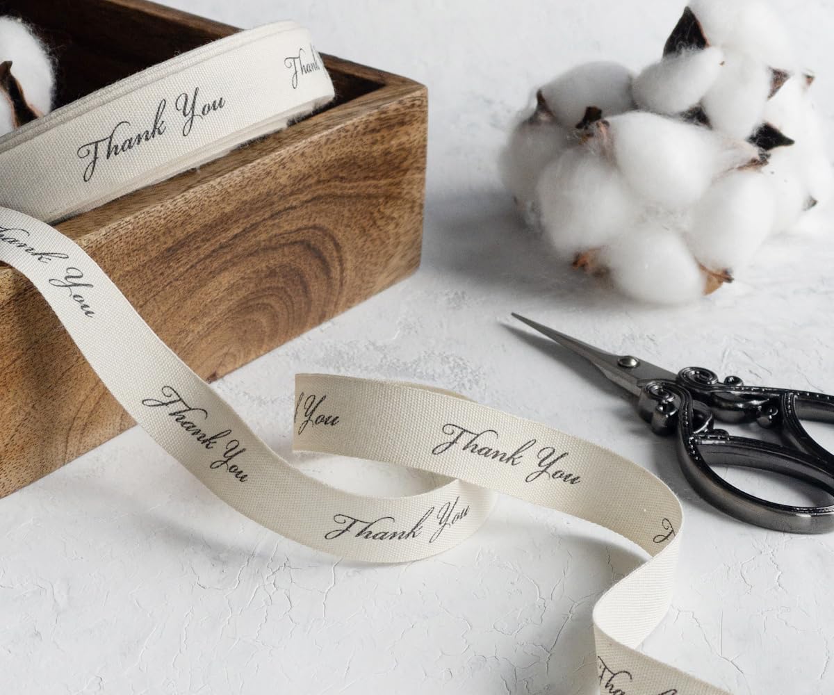 Thank You Print Ribbon - 20 Yards, 5/8” (15 mm), Natural Cotton, Gift Wrapping, Customer Appreciation, Eco-Friendly Packaging in Boutique Stores