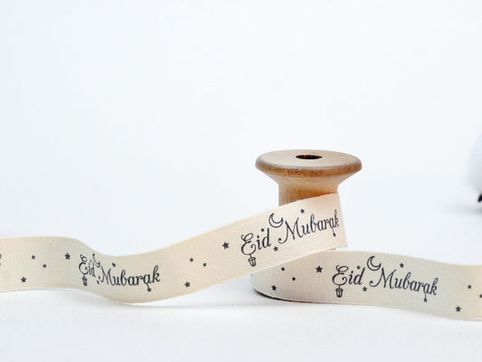 Eid Mubarak Printed Cotton Ribbon - 20 Yards, 5/8” (15 mm), 100% Natural Cotton Tape for Ramadan/Eid Gifts and Favors, Wrapping Ribbon