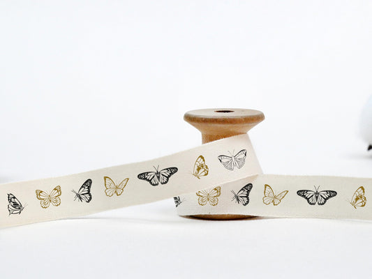 Butterfly Print Ribbon - 20 Yards, 5/8” (15 mm), 100% Cotton Wrapping Tape for Natural Gifts, Wedding and Baby Favors, Handmade Sew-in Baby Products