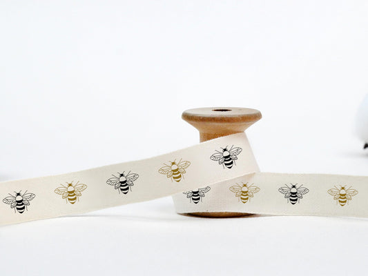 Bee Print Ribbon - 20 Yards, 5/8” (15 mm), 100% Cotton Wrapping Tape for Natural Gifts, Favors, Unbleached Ribbon, Handmade Sew-in Baby Products