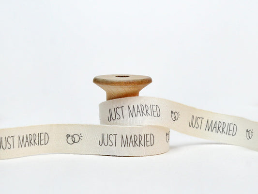 Just Married Printed Ribbon - 20 Yards, 5/8” (15 mm), 100% Natural Cotton Ribbon, Natural Tape for Wedding Gifts, Favors, Ring Printed Fabric Ribbon