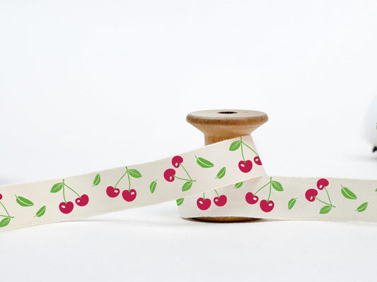 Cherry Print Ribbon - 20 Yards, 5/8” (15 mm), 100% Cotton Wrapping Tape for Natural Gifts, Wedding Favors, Unbleached Fruits Ribbon for Your Products